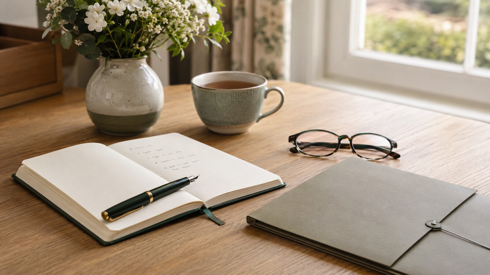 A notebook, pen, document folder and cup of tea arranged on a wooden table