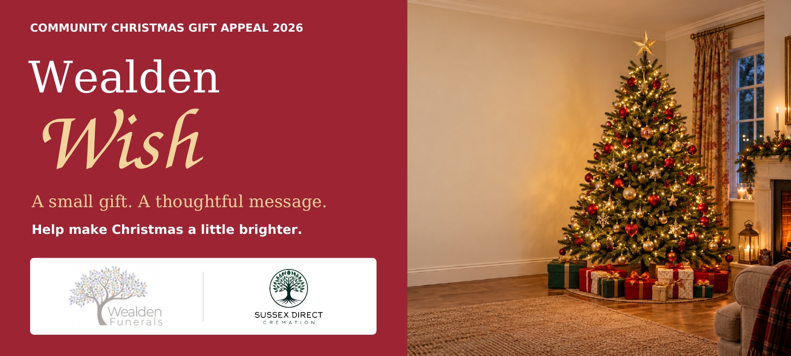 Wealden Wish community Christmas gift appeal 2026: a small gift, a thoughtful message, beside a decorated Christmas tree and presents, with Wealden Funerals and Sussex Direct Cremation logos.