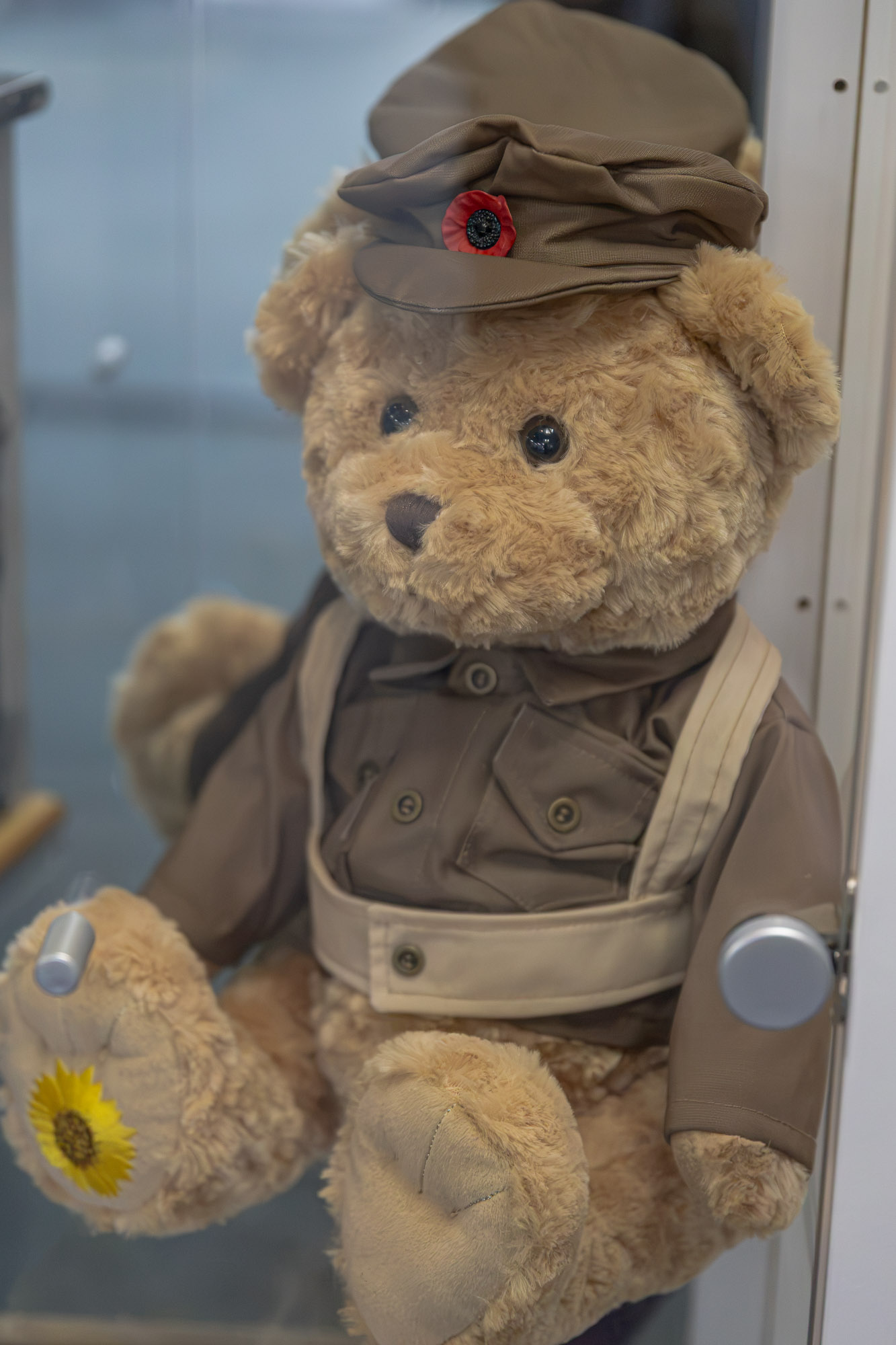 A memorial bear dressed in an army uniform